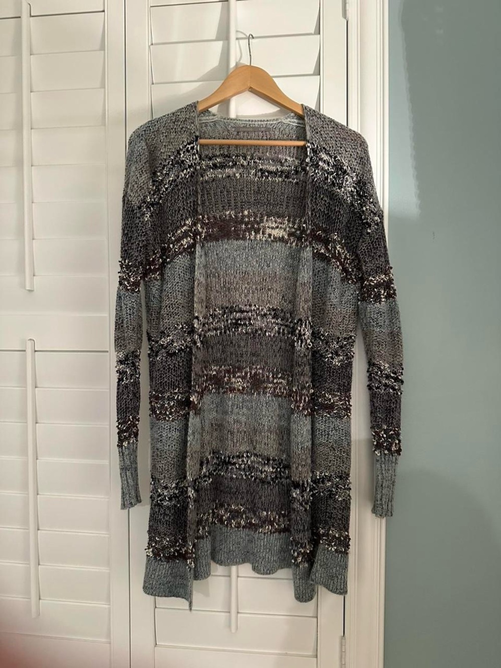 Rubbish Open-Front Striped Knit Cardigan in Gray and Brown